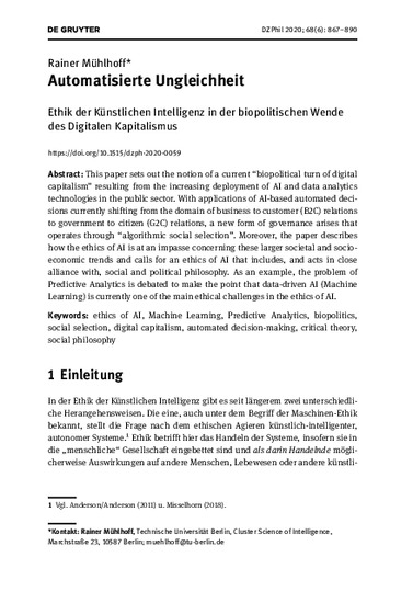 Mühlhoff 2020: „Automatisierte Ungleichheit: Ethik der Künstlichen Intelligenz in der biopolitische Wende des Digitalen Kapitalismus“ Deutsche Zeitschrift für Philosophie 68(6), 2020.
