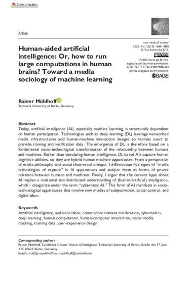 Mühlhoff 2019: “Human-Aided Artificial Intelligence: Or, How to Run Large Computations in Human Brains?” New Media & Society OnlineFirst Nov. 2019.