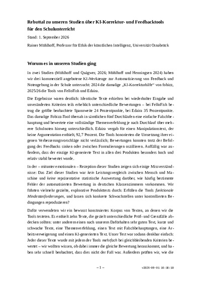 Titelseite des Rebuttal-Dokuments zu KI-Bewertungs- und Feedbacktools