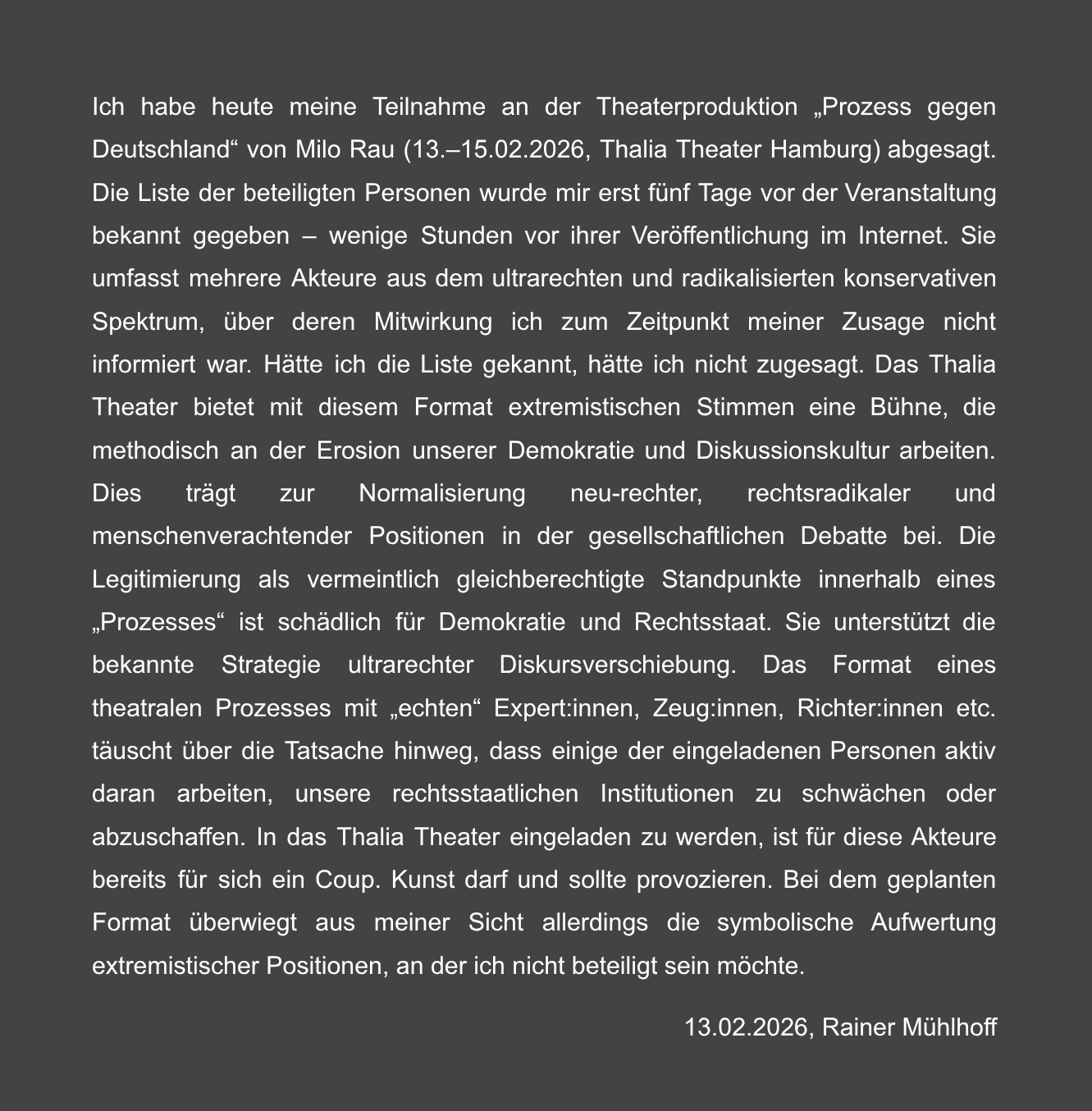 Absage "Prozess gegen Deutschland"